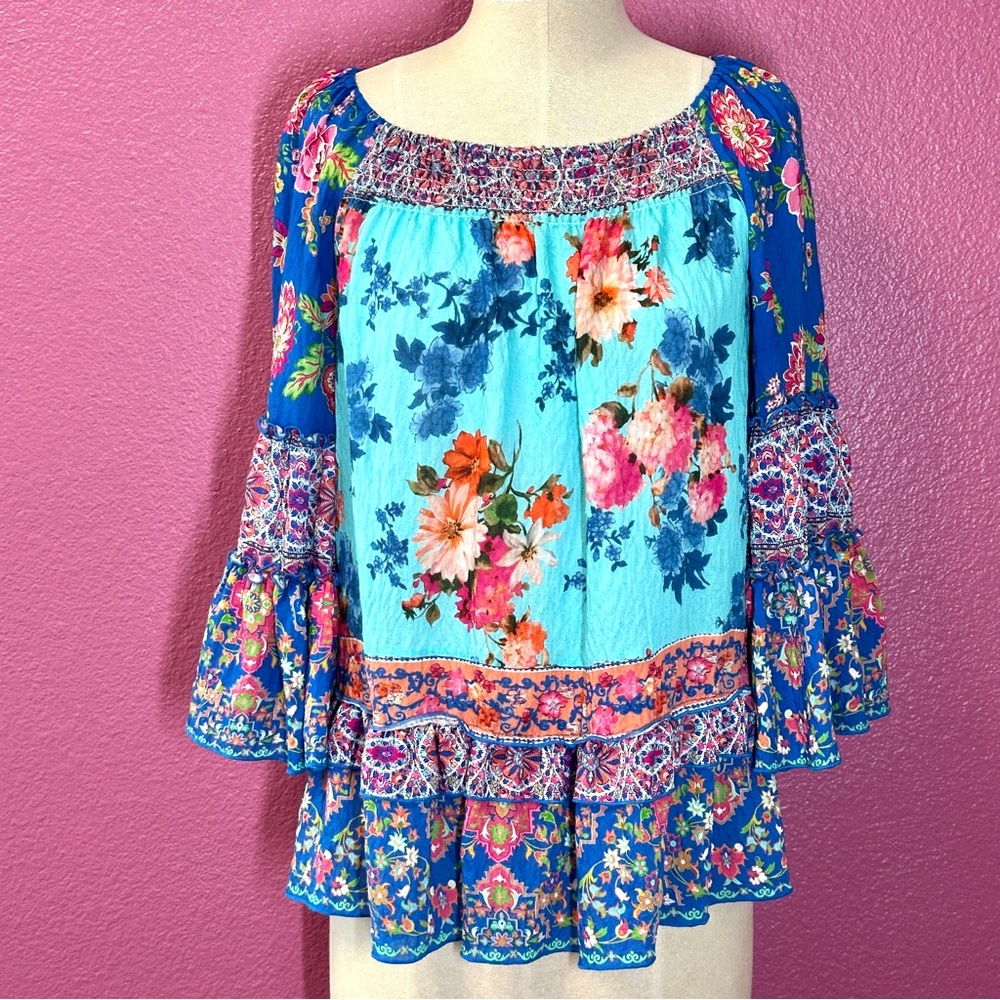John Mark Floral Blouse - Blue and Orange